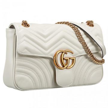 Gucci GG Marmont Matelasse Polished Brass Buckle Quilted Charm Beige Leather High End Flap Bag 