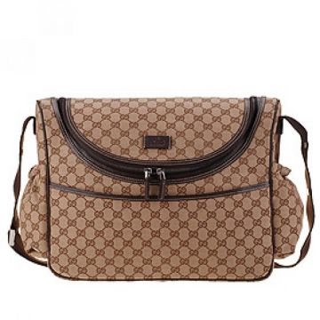 High Quality Gucci Brown Leather Trimming Womens Canvas Zipper Messenger Diaper Bag With Side Elastic Pouch 