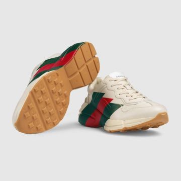 Most Popular Gucci Replicated Rhyton Green And Red Web Print White Leather Sneakers For Men 523535 DRW00 9022