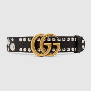 Gucci Silver-toned Studded Leather Belt Replica With Gold-plated/Stainless Steel Double G Buckle 524093 CVEUY 1000