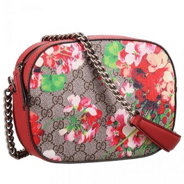 Top Sale Gucci Zipper Top Blossom Pattern Red Leather & GG Supreme Canvas Shoulder Bag Mini 409535 KU2IN 8693
