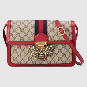 Good Price Gucci Queen Margaret Red Leather & Canvas Crystals Bee Closure Flap Handbag For Womens 524356 9I6BT 8540