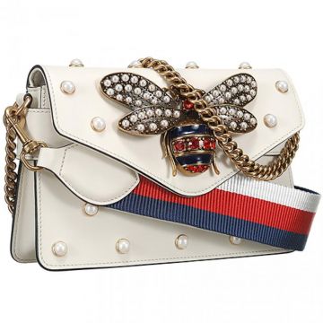 Luxury Gucci Broadway Pearl Studs Bee Trimming Ladies White Leather Shoulder Bag For Summer 453778 DVUDT 9088 
