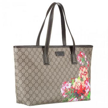 Retro Style Gucci GG Supreme Pink Blooms Print Brown Leather & Canvas Tote Bag For Ladies 