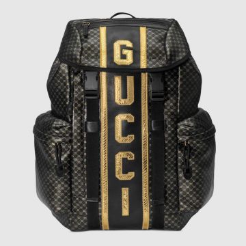 Best Value Replica Gucci Black Leather Dapper Dan Backpack With Gold GG Pattern Free Shipping 5364130WDDX8486