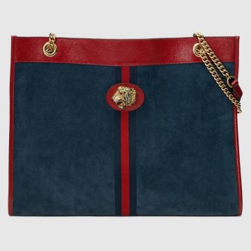 Vogue Gucci Rajah Dark Blue Suede Leather Tote Bags With Small Wallet Chain And Leather Handles Online Sale 537219 0X7AX 4065