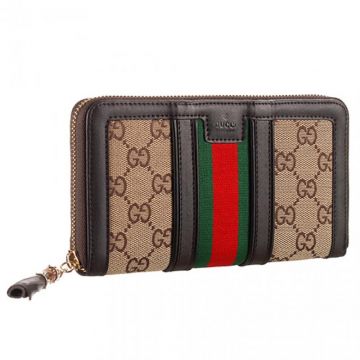Gucci Brown GG Supreme signature Canvas Card Case Leather Trimmings With Gold Around Zip Celebrity Lady