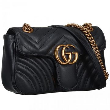 Classic Gucci GG Marmont Matelasse Mini Black Leather Flap Bag With Chain Strap For Ladies Replica ‎443497 DTDIT 1000