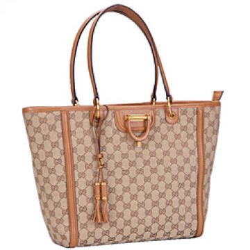 Gucci Logo Printed Tan Canvas Large Tote Bag Leather Trim Shopper America Lady Christmas Gift