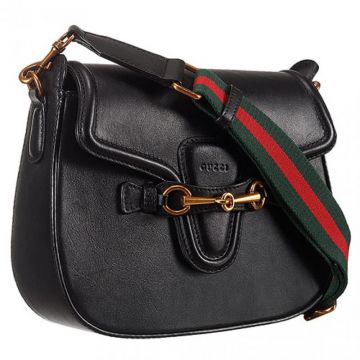 Gucci Lady Web Classic Retro Bi-color Canvas Strap Black Calfskin Leather Medium Ladies Saddle Bag 