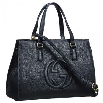 Gucci Black Leather Top Handle Soho Bag GG Signature Zip Closure Business Style Sale America