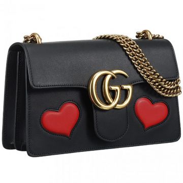 Gucci GG Marmont Brass Chain Strap Female Black Leather Flap Shoulder Bag With Red Heart 431777 CDZIT 8482