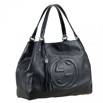 Best Gucci Soho Medium Black Calfskin Leather Top Handles Ladies Tassel Trimming Shoulder Bag