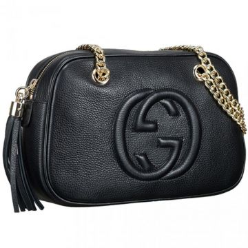 Gucci Medium Soho Lady Black Leather Logo Embossed Polished Chain Shoulder Bag For Sale