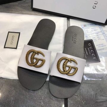 Summer Hot Selling Gucci Oversized GG Logo Stud High End Calfskin Leather Flat Sandals Fashion Slides For Ladies 