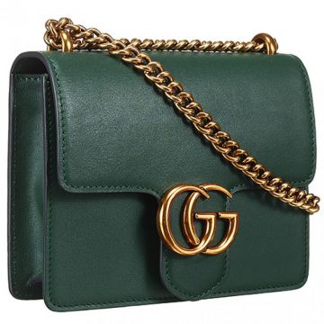 Gucci GG Marmont Female Brass Buckle Green Leather Small Flip-over Flap Shoulder Bag Sale USA