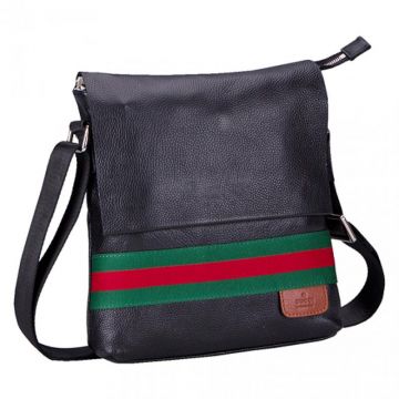 Top Style Gucci Web Black Cowhide Leather Red & Green Web Trim Mens Flap Messenger Bag