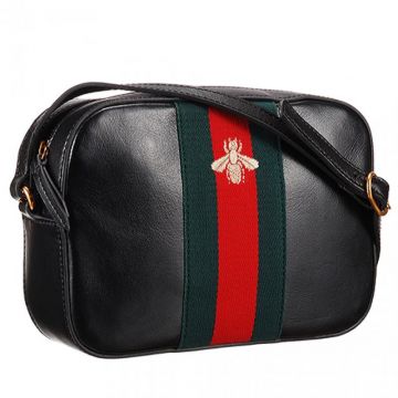Replica Gucci Blue-Red Web Trimming Bee Embroidery High End Black Leather Womens Zipper Bag
