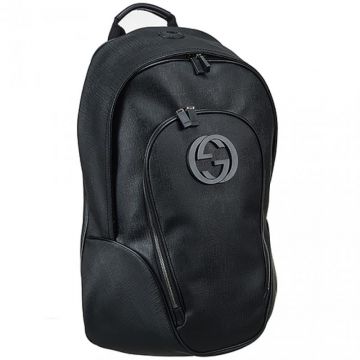 Copy Gucci Supreme Interlocking G Logo Black Canvas Backpack Front Double Zipper Pocket Couple Style 