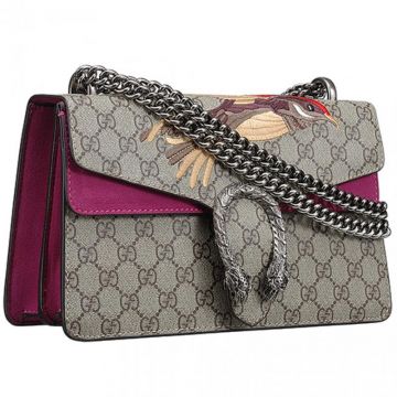 Good Price Gucci Dionysus Purple Trimming Bird Pattern Lady GG Supreme Canvas Silver Chain Handbag