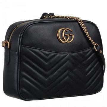 Gucci GG Marmont Matelasse Top Double Zipper Brass GG Logo Black Leather Shoulder Bag For Sale