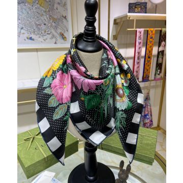 2022 New Colorful Flower Printing White Quadrate Edge Small Dots Shading - Women's  Gucci Black Silk Square Kerchief