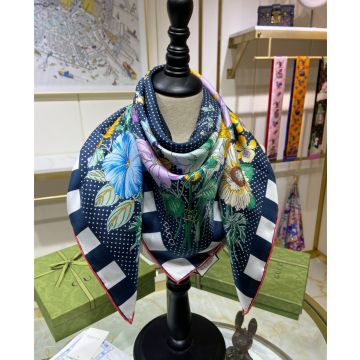 Low Price Fashion Dots Shading White Quadrate Charm Multicolor Flora Pattern -  Gucci Blue Silk Kerchief