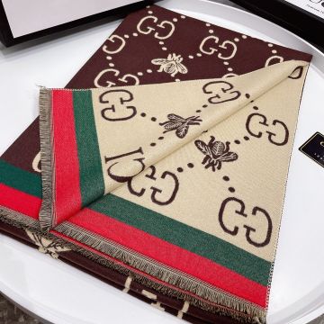 Chic Style Bee Detail Red-Green Web Band Trim Chawl -  Gucci GG Supreme Cashmere Blended Lady Long Scarf