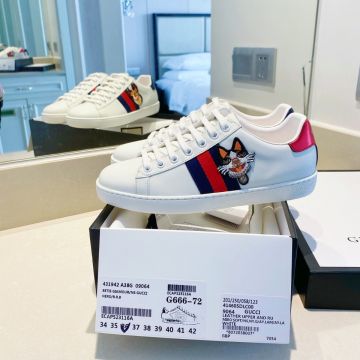 Classic Gucci Ace Cat Embroidery Patch Blue & Red Web Women White Leather Lace UP Low Top Sneakers