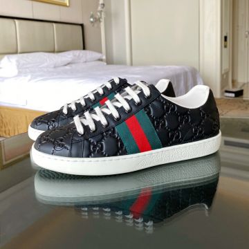 Best Price Gucci Ace Green & Red Web Detail GG Embossed Black Leather Lace Up Sneakers For Men & Women