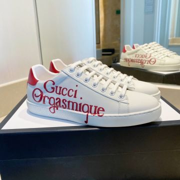 Unisex Low Price Gucci Ace Red Back Logo Printing White Leather Lace Up Low Top Sneakers For Sale