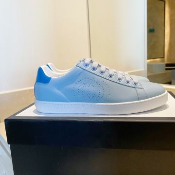 2021 Cheapest Gucci Ace Logo Motif Heels Detail Women Light Blue Leather Low Top Perforated GG Pattern  Sneakers
