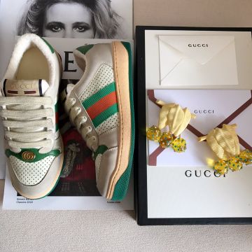 Best White Perforated & Off-white Leather Green Leather Detail Low Top 570442 0YI20 9582 Screener - Fake Gucci Vintage Web Women's Sneakers