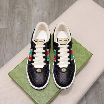 Hot Selling Gucci Classic G Logo Detail Web Band Velvet Lining Male Black Perforating Leather Lace-up Trainers Replica