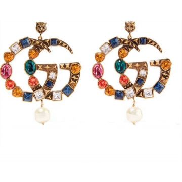 Gucci Fine Jewelry Colorful Studded Crystals Brass Double G Drop Earring With Pearl Australia Girls