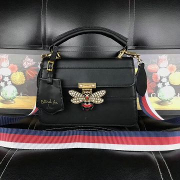 Hot Selling Gucci Queen Margaret Bee & Web Details Ladies Black Leather Top Handle Bag Price HK ‎476541 DVUXT 8062