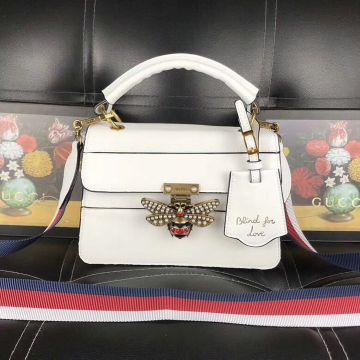 2018 Most Fashion Gucci Queen Margaret Pearls & Crystals Embossed Bee White Leather Ladies Small Handbag 476541 DVUXT 9193