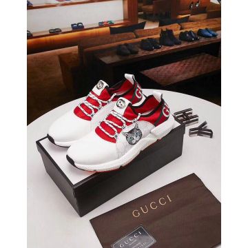 2018 Hot Selling Gucci Feline Head Pattern Fabric & Calfskin Leather Bi-color Patchwork Sneakers For Mens 