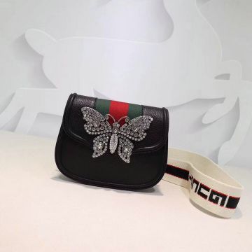 Luxury Gucci GucciTotem Web Band & Crystals Butterfly Motif Black Leather Small Fake Shoulder Bag ‎505387 CWGEX 8478 