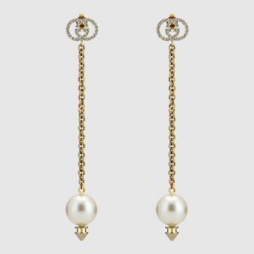 Gucci Women's Classic Interlocking G White Pearl Pendant High End Brass Paved Diamonds Earrings For Ladies 629809 J1D51 8516