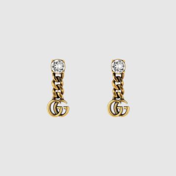 2021 Top Sale Gucci Retro Style Brass Double G Pendant Single Crystal Drop Earrings For Ladies Online Replica ‎645683 J1D50 8062