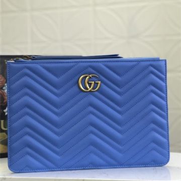 High End Gucci GG Marmont Blue Leather Brass Logo Buckle Wave Detail Clutch Bag For Girls Online 