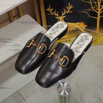 2021 Hot Selling Gucci Blue Porcelain Element Yellow Gold Horsebit High End Genuine Leather Slippers For Ladies