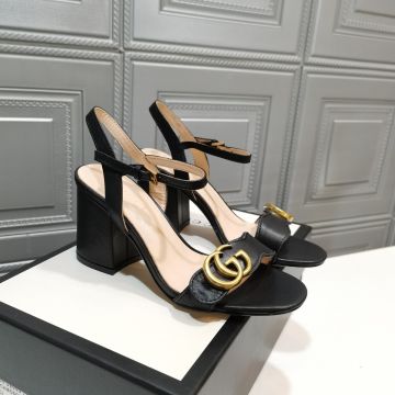 Top Sale Yellow Gold Double G Hardware 75mm Sculpted Block Heel Adjustable Ankle Strap -  Gucci LeatherMid Heel Sandals 453379 A3N00 1000