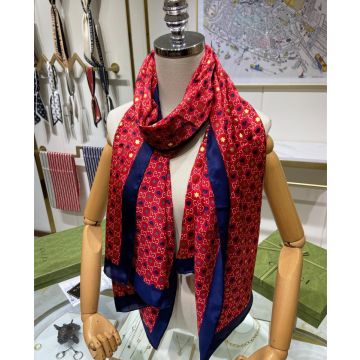 Spring New Gucci Red Mulberry Silk Double G Detail Golden Star & Blue Heart Pattern Women's Rectangle Scarf 66*177cm