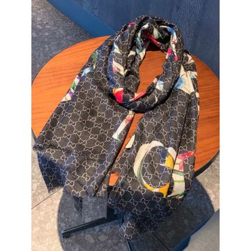 Unique Model Center Oversized GG Style Flower Patter GG Supreme Black Rectangle Scarf -  Women's Gucci Silk Wool Blended Shawl 