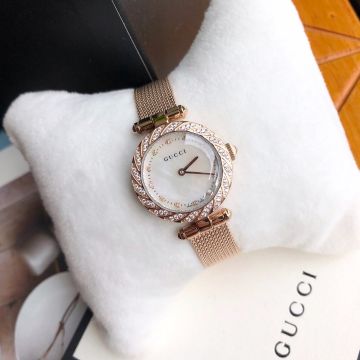 2022 Best Diamantissma Diamonds Scales & Flora Bezel White MOP Dial Mesh Bracelet -  Gucci 28MM Chronograph For Ladies