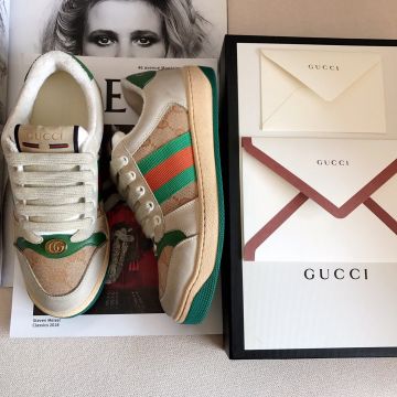 2022 New White Leather Beige/ebony Original GG Canvas Green Leather Detail 570443 9Y920 9666 Screener - Fake Gucci Vintage Web Sneakers 