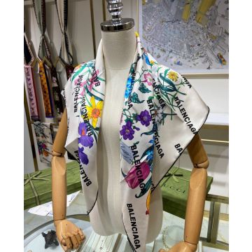 Fall Fashion Gucci The Hacker Project Flower Printing Balenciaga New Era Silk Scarf For Ladies White / Black