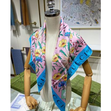 Low Price Fashion Flower Printing Blue Border Women's Shawl - Copy Gucci 100 Pink Silk Square Scarf Sale Online